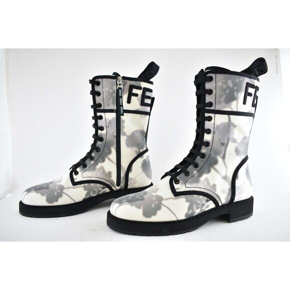 Fendi Black Grey White Tie Dye Canvas Lace Up Tie Logo Combat Biker Boot 39.5 - Picture 9 of 12